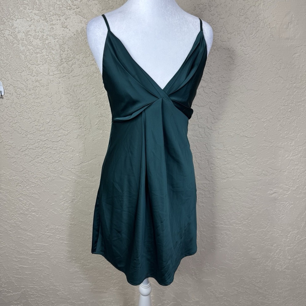 Forever 21 Satin Babydoll Mini Slip Dress Size S Emerald Green Twist Front Y2K